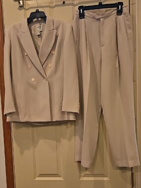 Beige Double-Breasted Blazer & Pleated Trousers Set